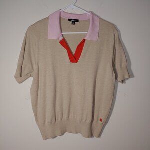 AK Sport Zoe Colorblock Polo Sweater Short Sleeves Size XL Cream Pink